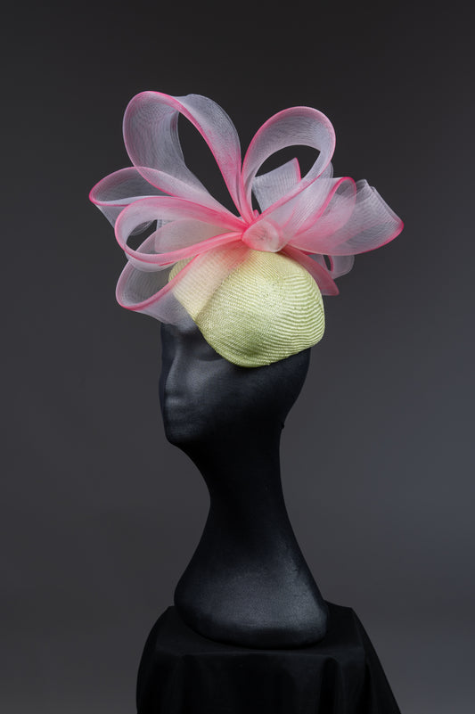 Pale Green Percher Fascinator with pink ombre crinoline bow