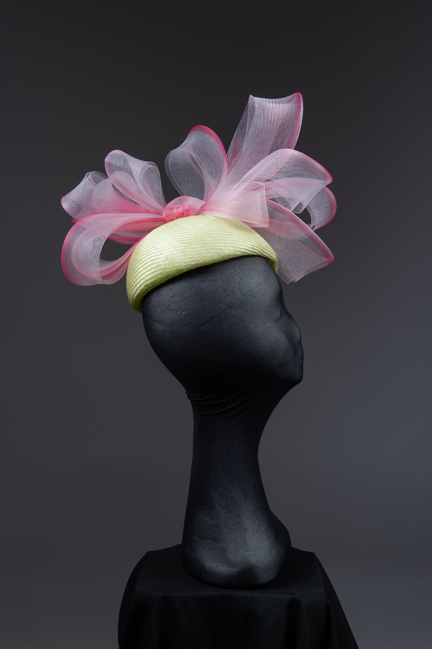 Pale Green Percher Fascinator with pink ombre crinoline bow