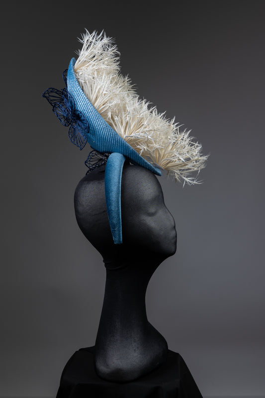 Blue and White feather conical Fascinator