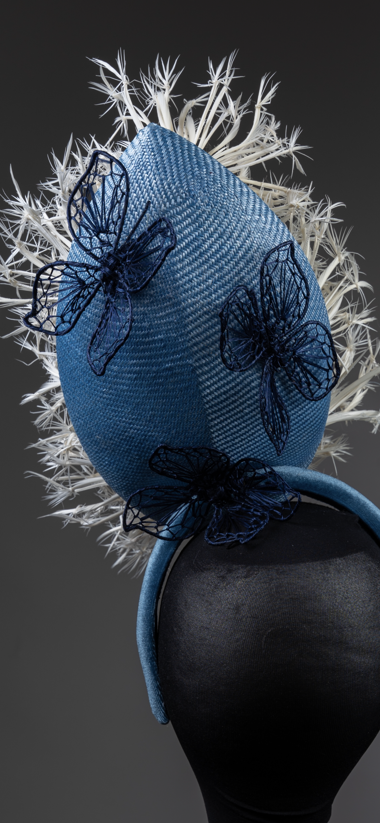 Blue and White feather conical Fascinator