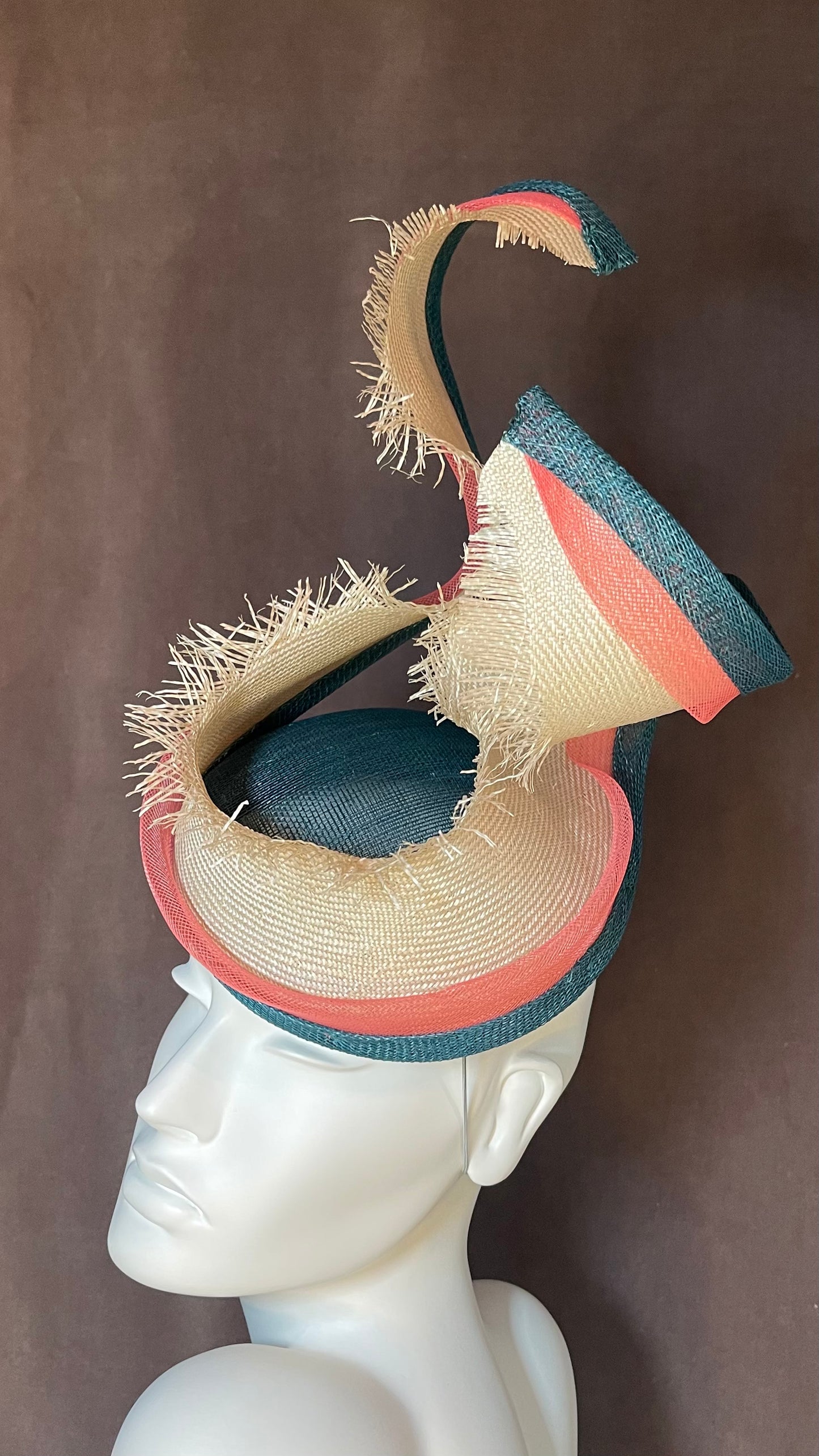 Teal, Coral and Cream Straw twisting Fascinator