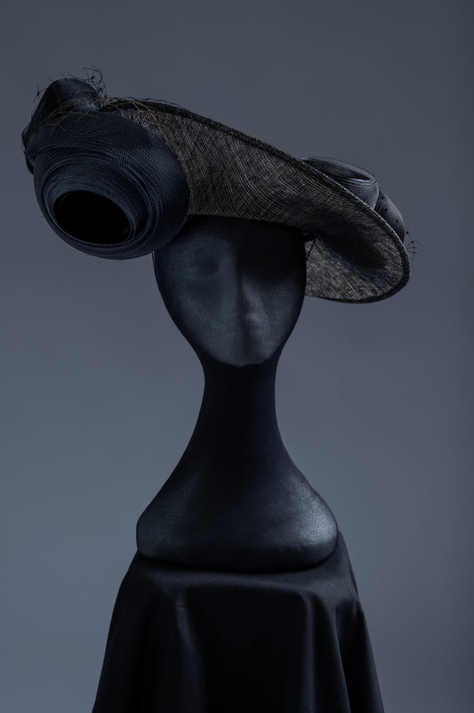 Black and Gold Saucer Fascinator with Crinoline flowers