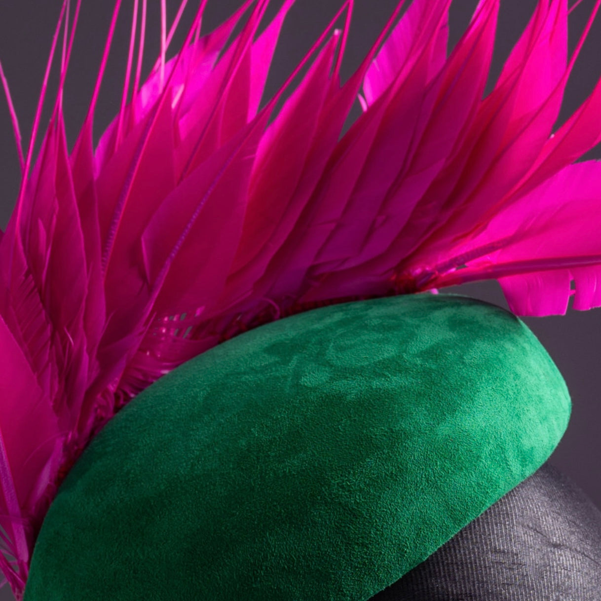 Pink Feather and Green Suede Fascinator