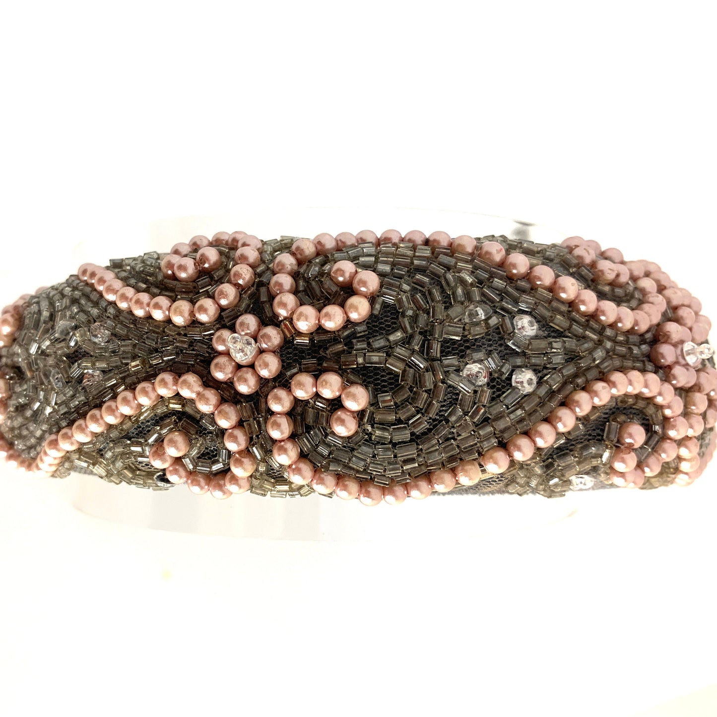 Hand made, hand beaded Crystal padded Headband. Bridal.Dove Grey and pink.