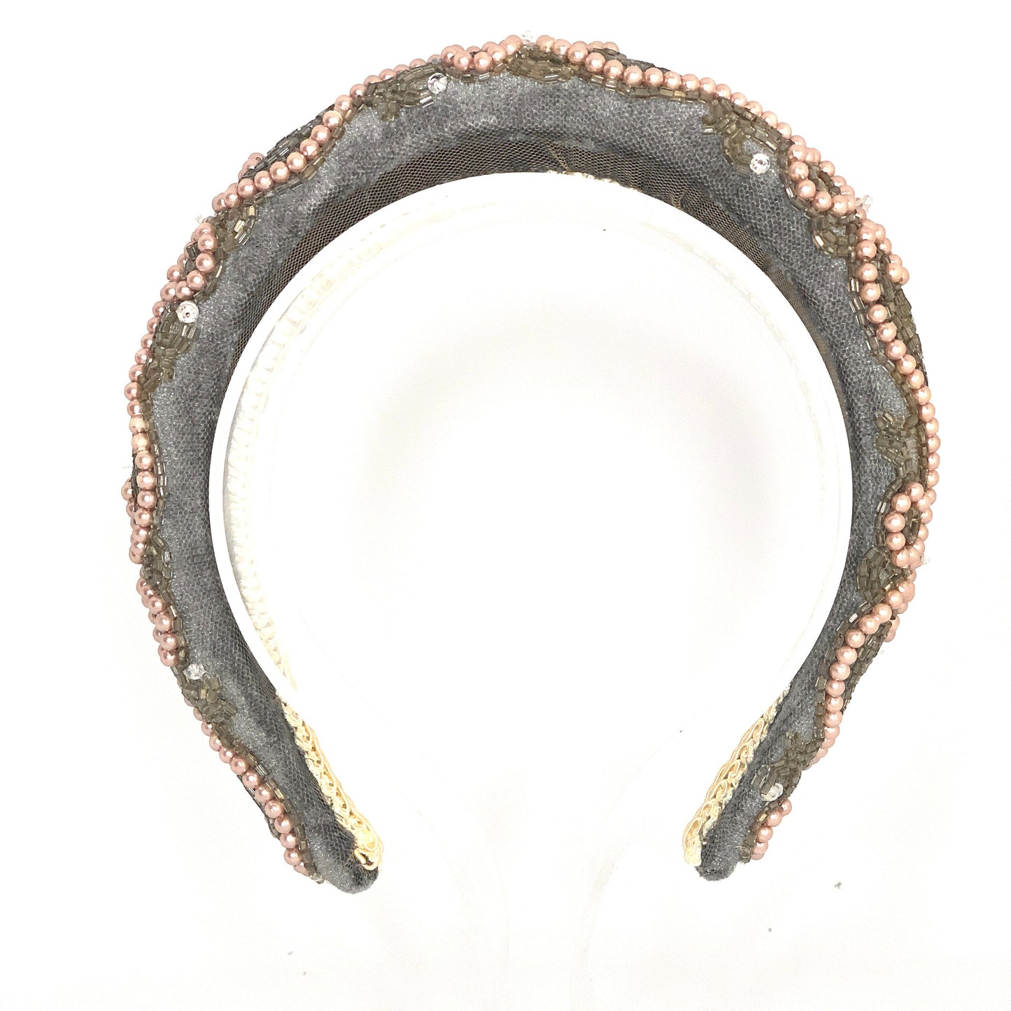 Hand made, hand beaded Crystal padded Headband. Bridal.Dove Grey and pink.