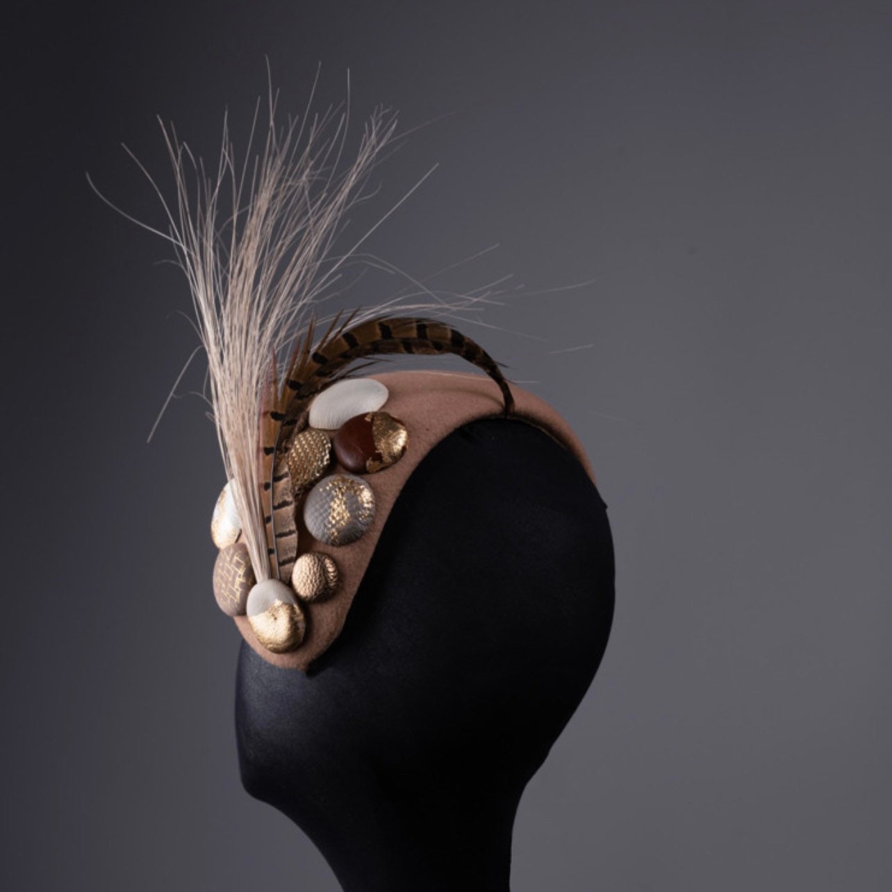 Toffee and Gold wide headband style Fascinator