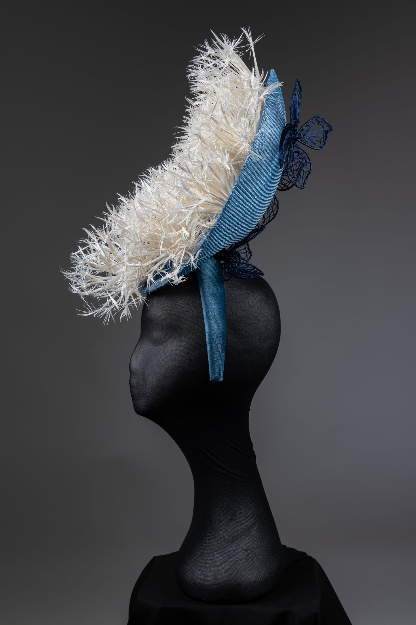 Blue and White feather conical Fascinator