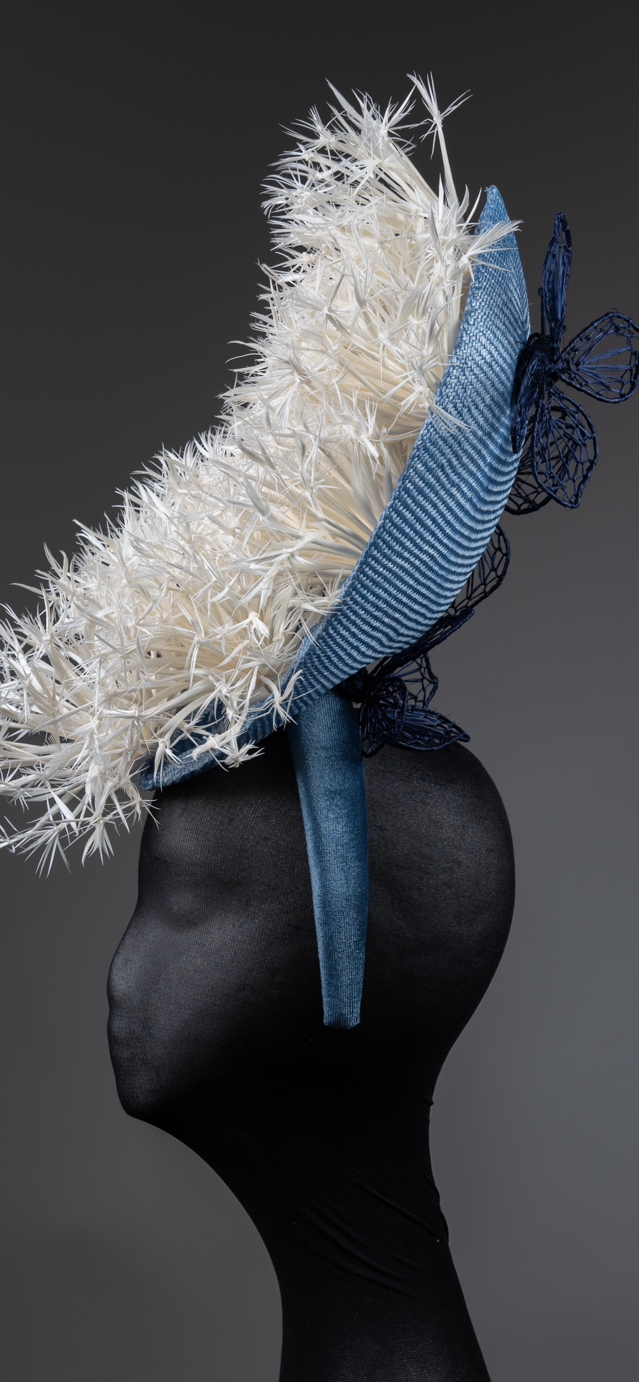 Blue and White feather conical Fascinator