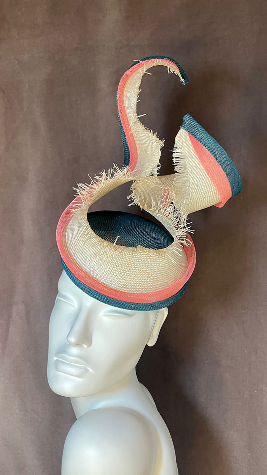 Teal, Coral and Cream Straw twisting Fascinator