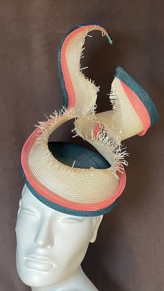 Teal, Coral and Cream Straw twisting Fascinator
