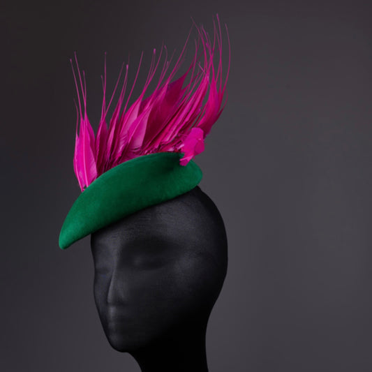 Pink Feather and Green Suede Fascinator