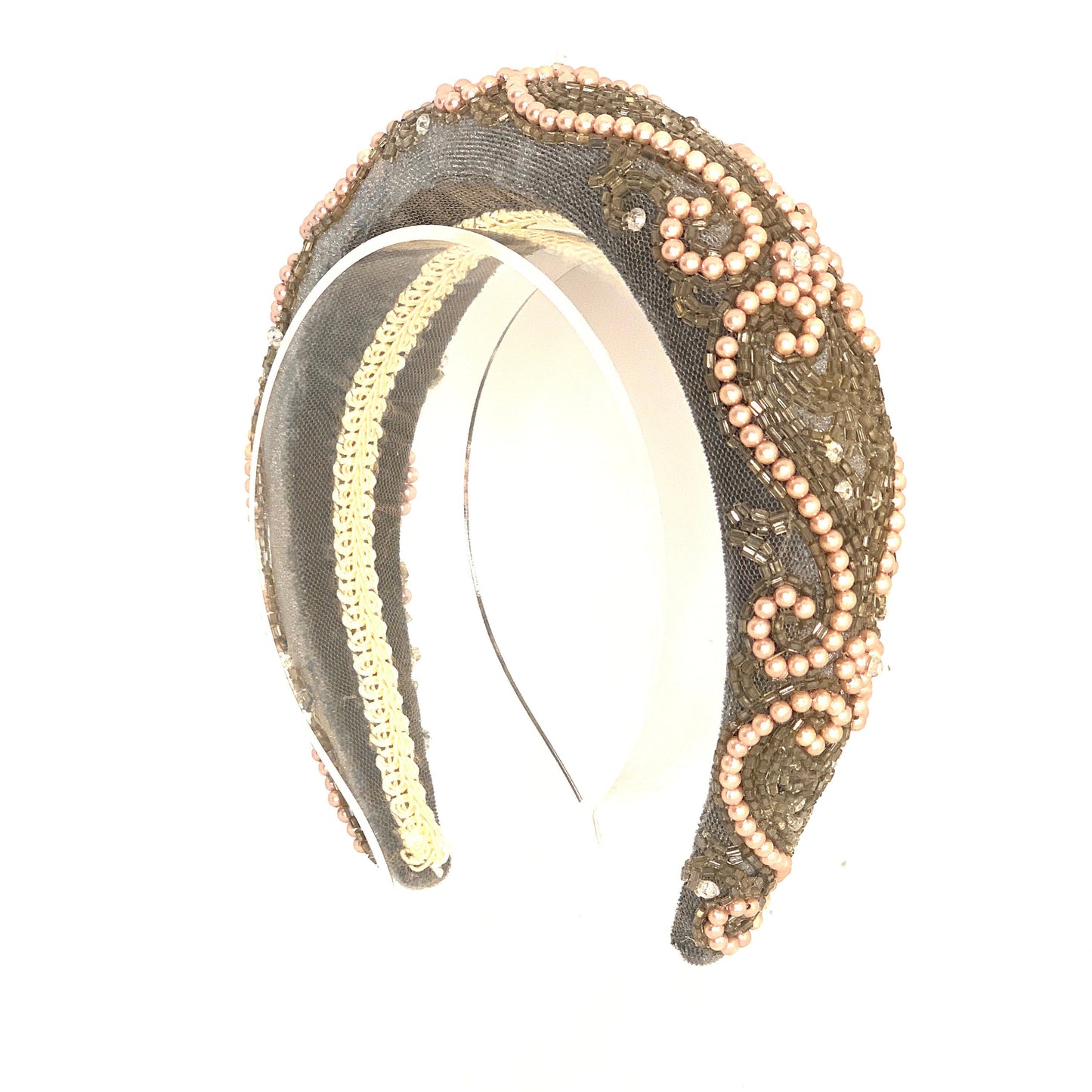 Hand made, hand beaded Crystal padded Headband. Bridal.Dove Grey and pink.