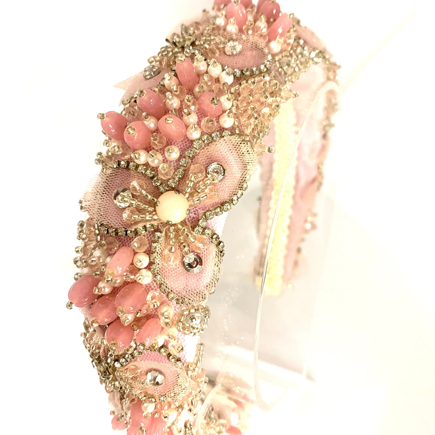 Pale Pink crystal and beaded hand made headband.