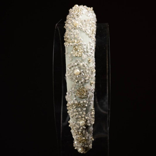 Hand made, hand beaded Crystal padded Headband. Bridal. Pale green and white crystal.