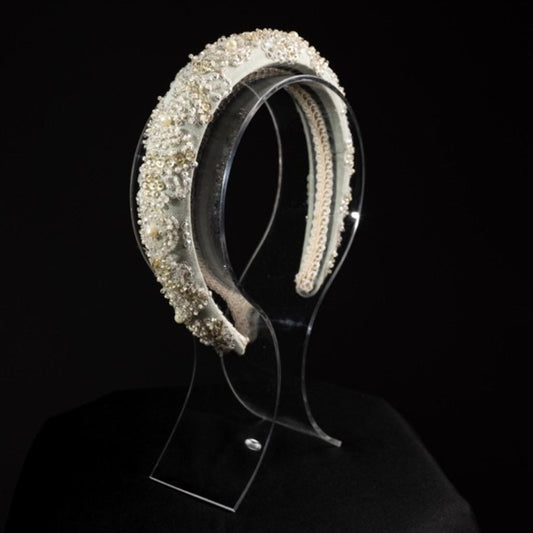 Hand made, hand beaded Crystal padded Headband. Bridal. Pale green and white crystal.