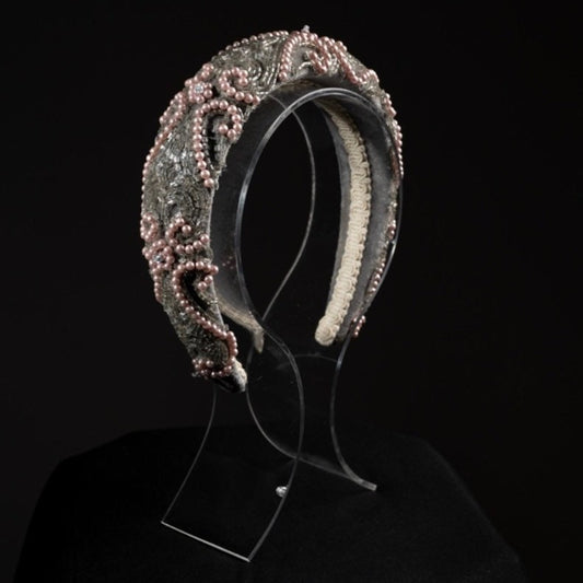 Hand made, hand beaded Crystal padded Headband. Bridal.Dove Grey and pink.