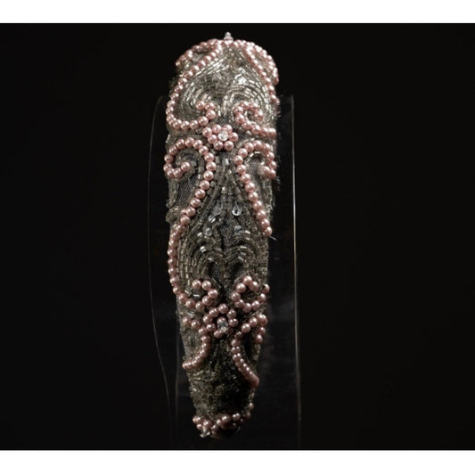 Hand made, hand beaded Crystal padded Headband. Bridal.Dove Grey and pink.
