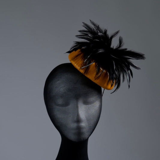Mustard yellow patent leather pill box button Fascinator