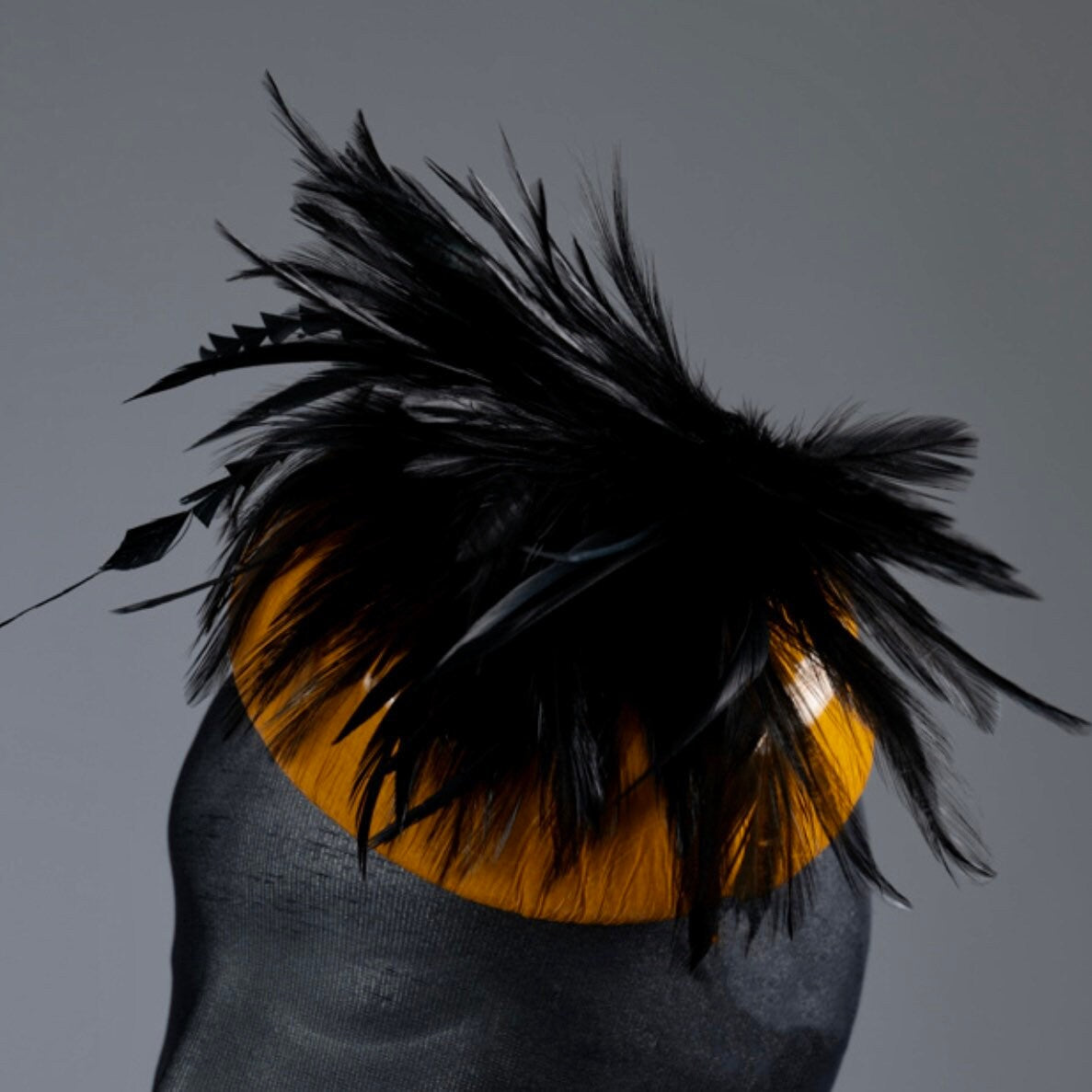 Mustard yellow patent leather pill box button Fascinator