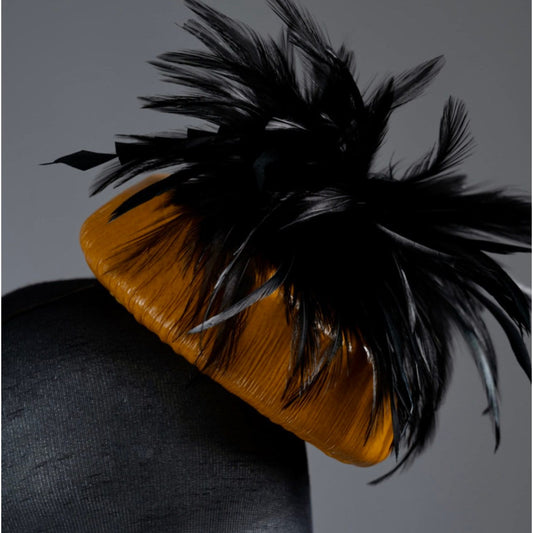 Mustard yellow patent leather pill box button Fascinator