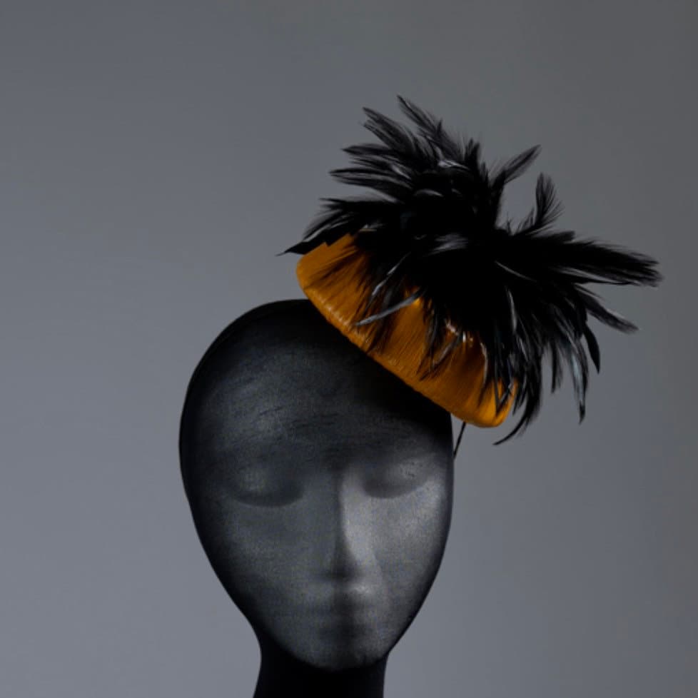 Mustard yellow patent leather pill box button Fascinator